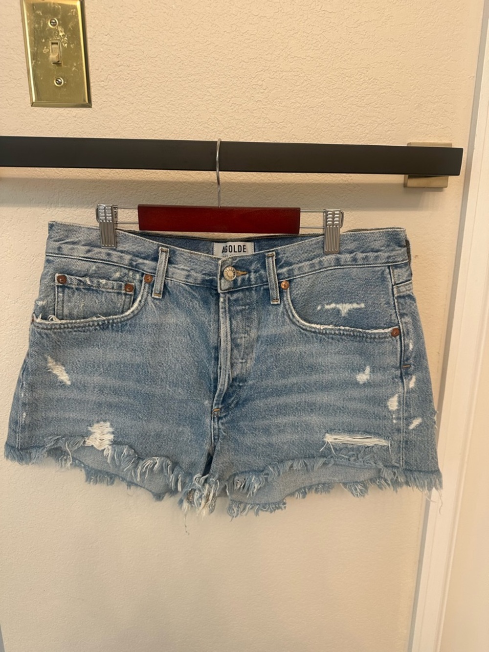 Agolde Light Wash Distressed Denim Jean Shorts